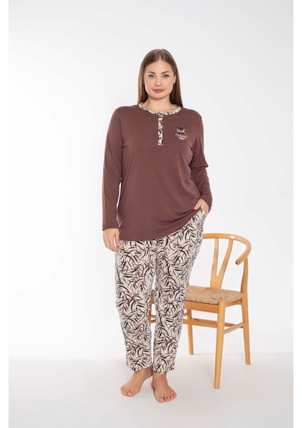 Kahve/bej Kadın Uzun Kollu Battal Pijama Takımı