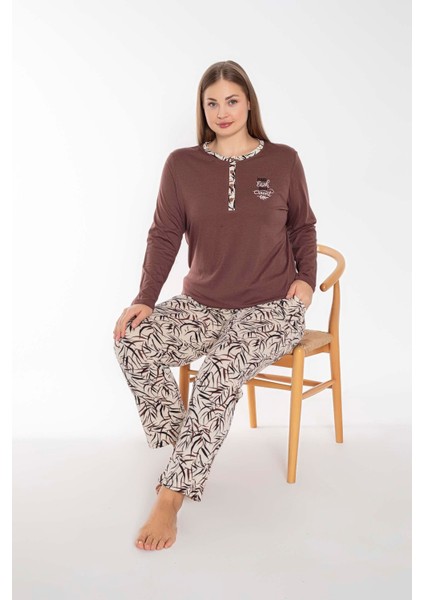 Kahve/bej Kadın Uzun Kollu Battal Pijama Takımı