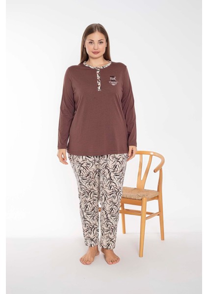 Kahve/bej Kadın Uzun Kollu Battal Pijama Takımı