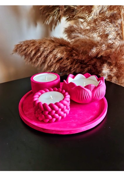 4'lü Set (16 cm Sunum Tepsisi 3 Mum) Pembe