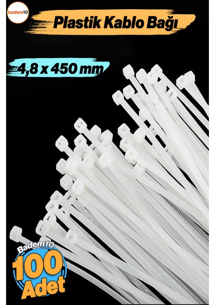 100 Adet Cırt Kelepçe 4,8X450 mm Plastik Beyaz Renk Zip Kablo Bağı Çok Amaçlı Bağlama
