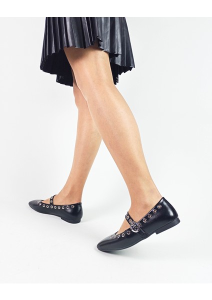 Siyah Renk Düz Ince Taban Kuş Gözü Ayrıntılı Kadın Babet fırsatları