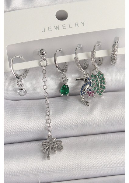 Pirinç Gümüş Renk Sallantı Zirkon Taşlı Ağaç Figür Çoklu Kadın Küpe Seti