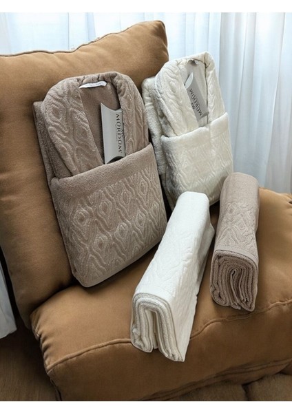 Banyo Çeyiz Seti, Pamuk Bornoz Takımı, 8 Parça Aile Bornoz Seti, Havlu & Havlu Seti (Bej-Krem) fiyatları