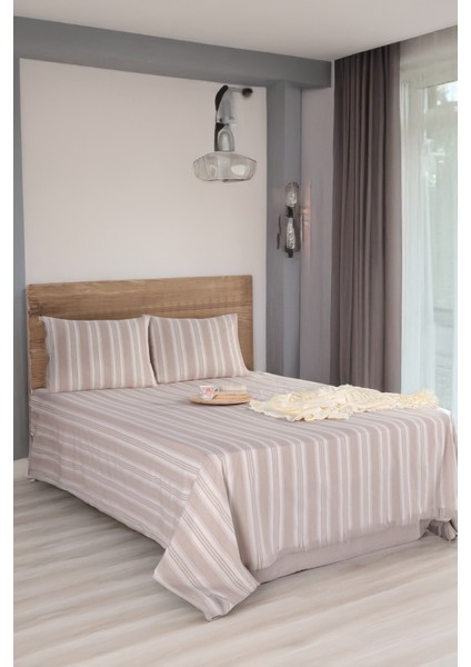 Sport Çizgili Çarşaf + Yastık Kılıfı Seti Çift Kişilik Soft Line Bej