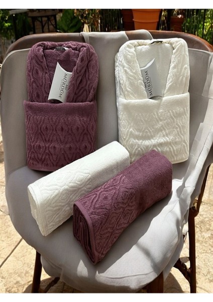 Banyo Çeyiz Seti, Pamuk Bornoz Takımı, 8 Parça Aile Bornoz Seti, Havlu & Havlu Seti (Mor-Krem)