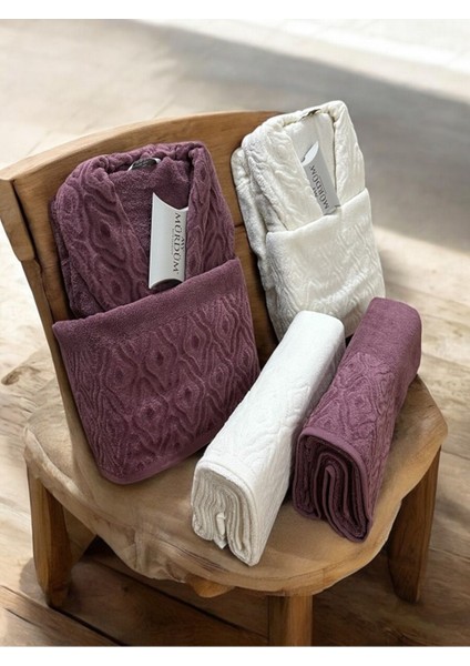 Banyo Çeyiz Seti, Pamuk Bornoz Takımı, 8 Parça Aile Bornoz Seti, Havlu & Havlu Seti (Mor-Krem) fiyatları