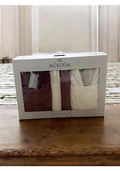 Banyo Çeyiz Seti, Pamuk Bornoz Takımı, 8 Parça Aile Bornoz Seti, Havlu & Havlu Seti (Mor-Krem) modelleri