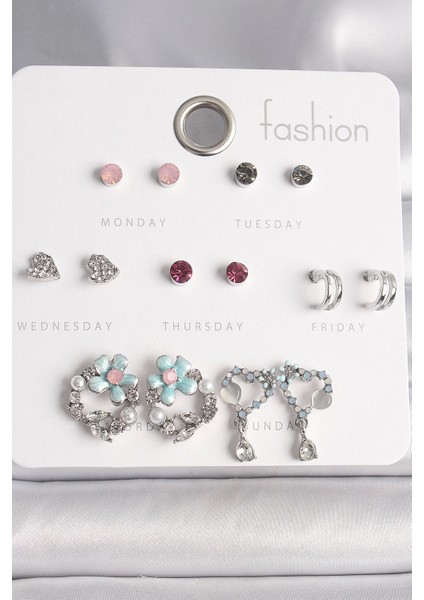 Pirinç Gümüş Renk Renkli Zirkon Taşlı Daire Çiçek Figür Sallantı Kalp Detay 7 Çift Kadın Küpe Seti