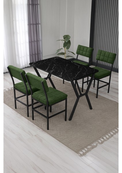 Dubai Mutfak Masa Sandalye Takımı 4 Kişilik Masa Takımı Yemek Odası Takımı Siyah Mermer
