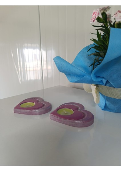 Koyu Pembe Kalpli Model 2'li Ahşap Mumluk, Dekoratif-Hediyelik Mumluk