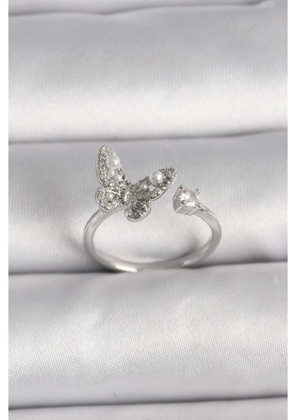 Pirinç Gümüş Renk Zirkon Taşlı Kelebek Model İnci Detay Ayarlanabilir Yüzük