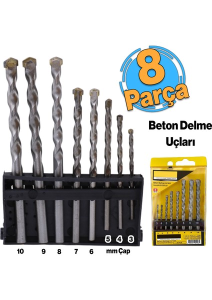 Beton Delme Matkap Ucu Set 8 'li Paket Betonarme Prekast Duvar Delme 3 4 5 6 7 8 9 10 mm Çap