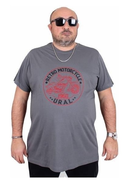 Erkek Büyük Beden Sıfır Yaka Tişört Motorcycle 25171 Fume