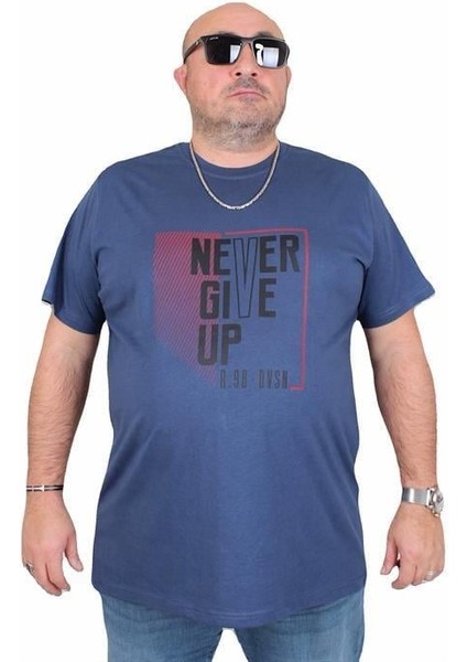 Erkek Büyük Beden Sıfır Yaka Tişört Never 25165 Indıgo