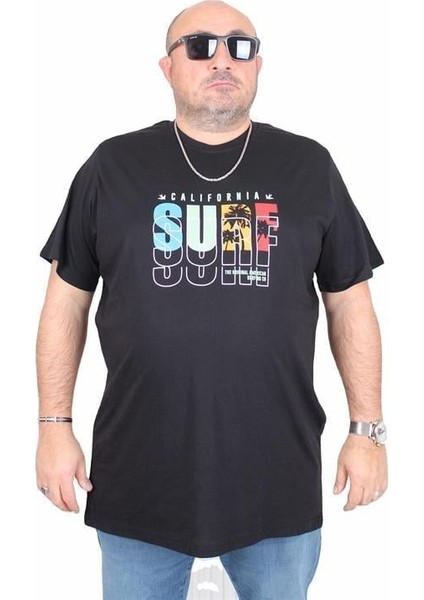 Erkek Büyük Beden Sıfır Yaka Tişört Surf 25144 Sıyah