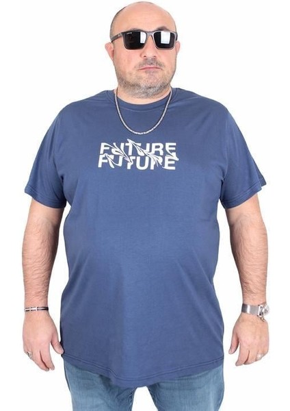 Erkek Büyük Beden Sıfır Yaka Tişört The Future 25138 Indıgo