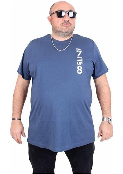 Erkek Büyük Beden Sıfır Yaka Tişört Stand Up 25158 Indıgo