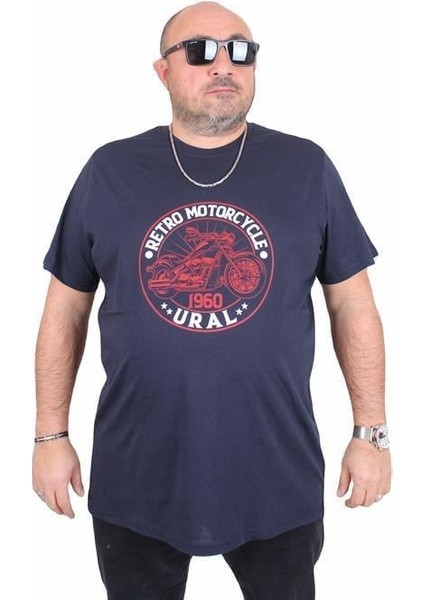 Erkek Büyük Beden Sıfır Yaka Tişört Motorcycle 25171 Lacıvert
