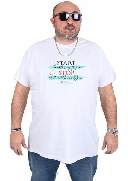 Erkek Büyük Beden Sıfır Yaka Tişört Start Stop 25178 Beyaz