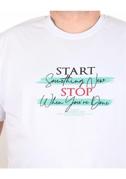 Erkek Büyük Beden Sıfır Yaka Tişört Start Stop 25178 Beyaz fiyatları
