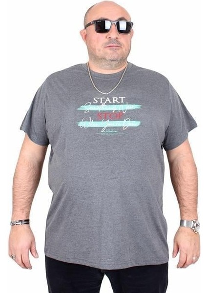 Erkek Büyük Beden Sıfır Yaka Tişört Start Stop 25178 Antrasit Melanj