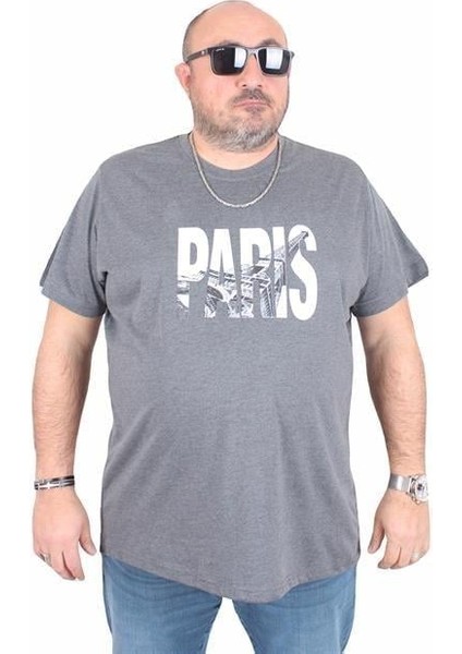 Erkek Büyük Beden Sıfır Yaka Tişört Paris 25179 Antrasit Melanj