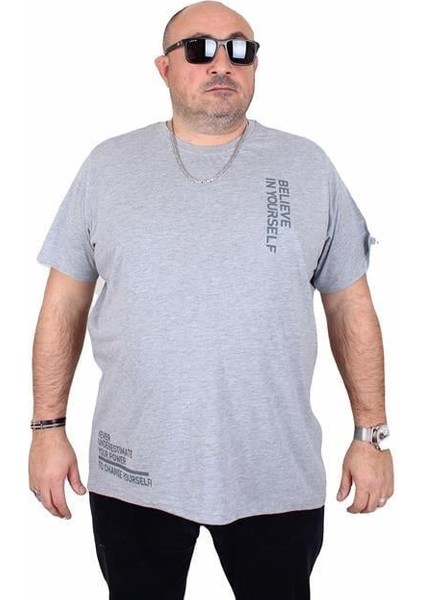 Erkek Büyük Beden Sıfır Yaka Tişört Believe 25157 Grı Melanj