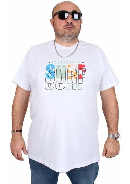 Erkek Büyük Beden Sıfır Yaka Tişört Surf 25144 Beyaz