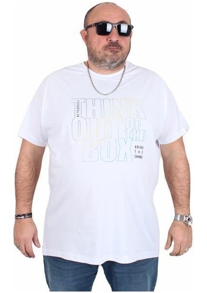 Erkek Büyük Beden Sıfır Yaka Tişört Think Out Box 25163 Beyaz