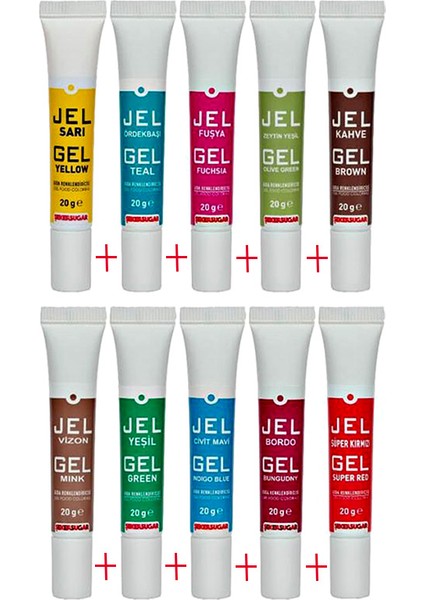 Tüp Jel Gıda Boyası - 20 gr - 10 Renk Birlikte-