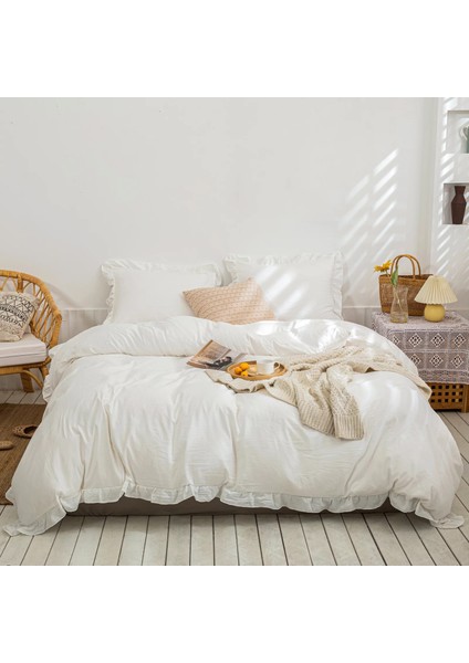 Pamuklu Fırfırlı Kırık Beyaz 160 x 220+50 x 70 Tek Kişilik Nevresim ve Yastık Kılıfı Seti