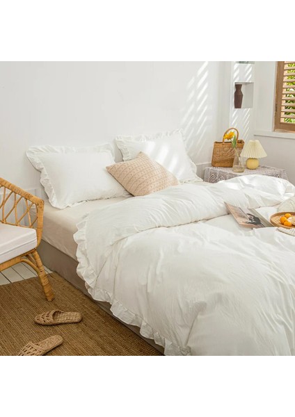 Pamuklu Fırfırlı Kırık Beyaz 160 x 220+50 x 70 Tek Kişilik Nevresim ve Yastık Kılıfı Seti