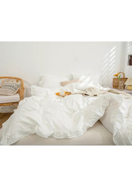 Pamuklu Fırfırlı Kırık Beyaz 160 x 220+50 x 70 Tek Kişilik Nevresim ve Yastık Kılıfı Seti