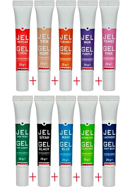 Tüp Jel Gıda Boyası - 20 gr - 10 Renk Birlikte