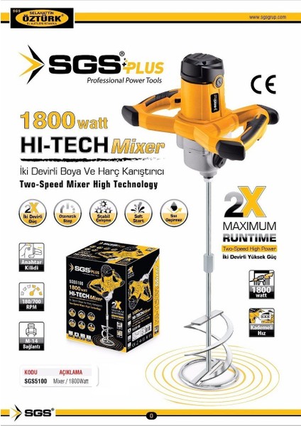 SGS5100 Profesyonel Iki Devirli Boya ve Harç Karıştırıcı Mikseri 1800 Watt fiyatları