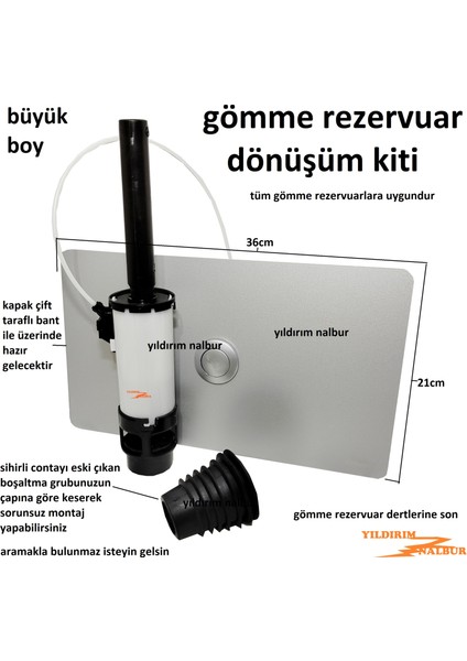 Büyük Boy Gömme Rezervuar Dönüşüm Kiti Boşaltma Buton Çevirici Set Gri Renk Boşaltma ve Buton Takımı