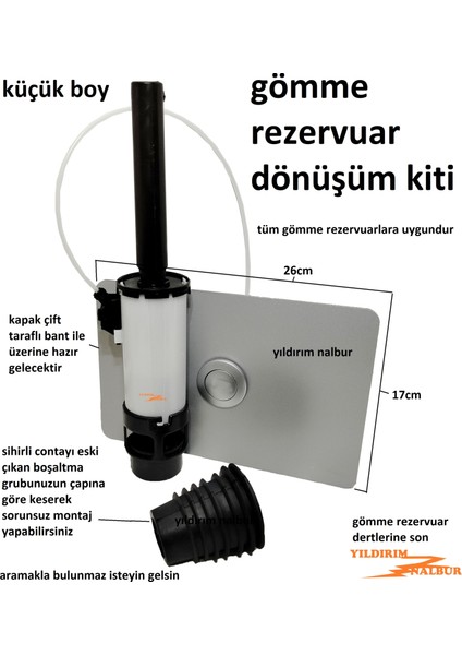 Küçük Boy Gömme Rezervuar Dönüşüm Kiti Boşaltma Buton Çevirici Set Gri Renk Boşaltma ve Buton Takımı
