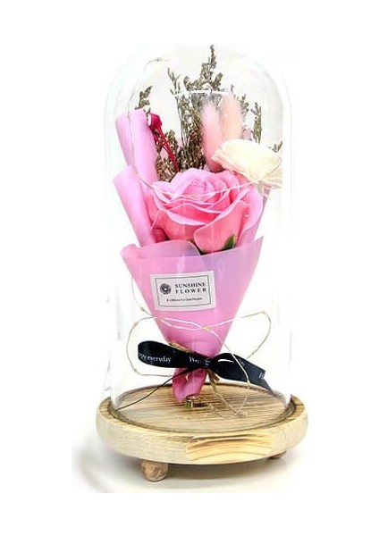 Fanus Gül 28/14 cm Cam Fanus LED Işıklı Hediyelik
