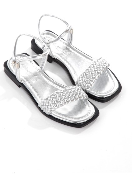 MİA026-1561 Kadın Gümüş Siyah El Örgülü Abiye Günlük-Düğün-Eğlence-Tatil Sandaleti indirimleri