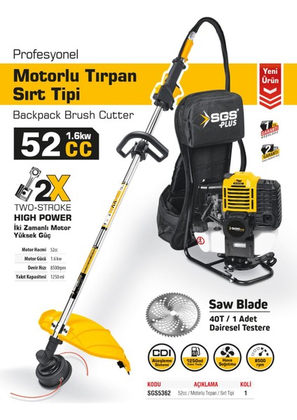 Sgs 5362 Profesyonel Benzinli Motorlu Sırt Tırpanı Makinesi 52 cc fiyatları