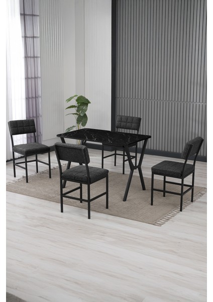 Dubai Mutfak Masa Sandalye Takımı 4 Kişilik Masa Takımı Yemek Odası Takımı Siyah Mermer