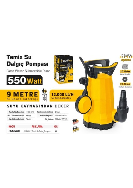 SGS5370 - 9 Metre Temiz Su Dalgıç Pompası 550 Watt fiyatları