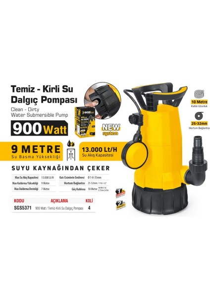 SGS5371 - 9 Metre Temiz ve Kirli Su Dalgıç Pompası 900 Watt fiyatları