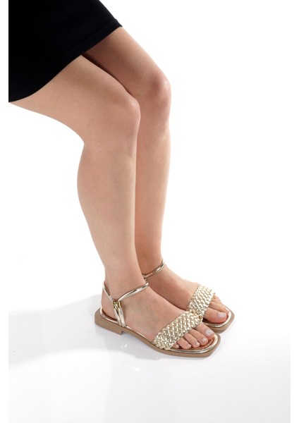 MİA026-1561 Kadın Altın El Örgülü Abiye Günlük-Düğün-Eğlence-Tatil Sandaleti modelleri