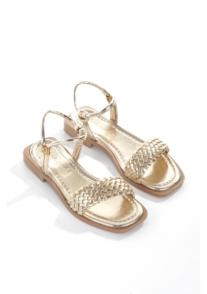 MİA026-1561 Kadın Altın El Örgülü Abiye Günlük-Düğün-Eğlence-Tatil Sandaleti fırsatları