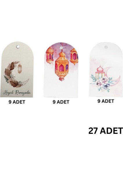 3lü Ramazan Temalı Hediye, Tebrik Kartı Seti, Delikli Ambalaj Paketleme Etiketleri, 4.5x7.5 Cm, 27 Adet