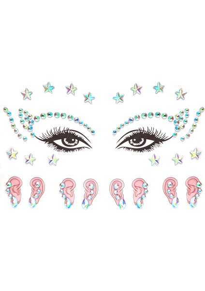 Hologramlı Yıldız Yüz, Vücut, Makyaj Taşı Make Up Face Gems