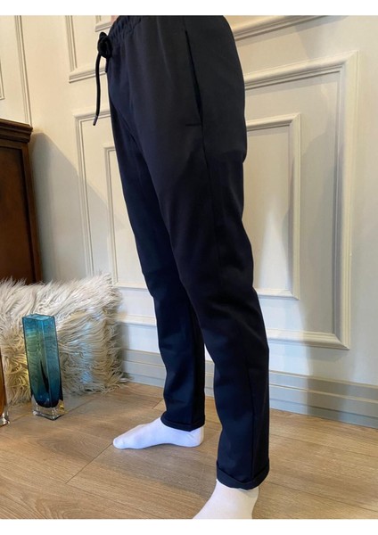 Erkek Lacivert Yandan Cepli Beli Lastikli Bağcıklı Duble Paça Jogger Pantolon E001045