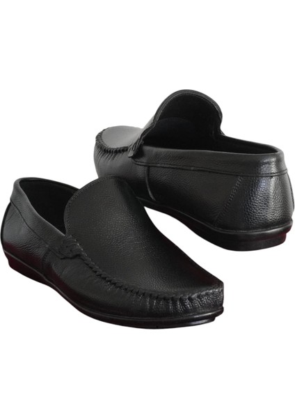 Deri Loafer Siyah Erkek Ayakkabı Topuk Pedli Kauçuk Taban Bağcıksız MLK01S